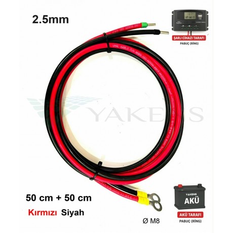 2.5mm (50cm+50cm) Solar Regülatör Kuru Akü Bağlantı Kablosu Hazır Seti –  Şarj Kontrol Cihazı Halka Soket Papuçlu Kırmızı Siyah Kablo